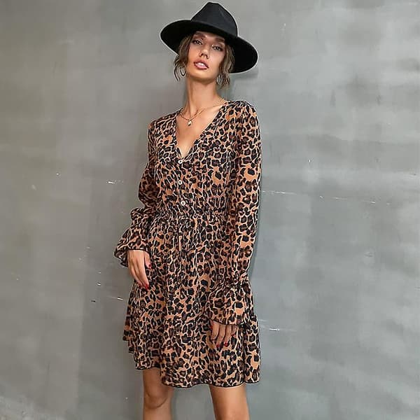 Vår Dam Långärmad V-ringad Leopard Hög Midja All Match Tryckt Klänning Khaki XL