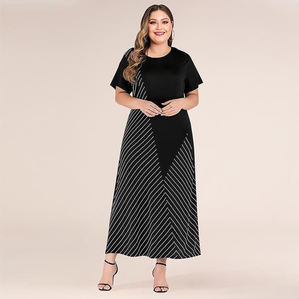 Kvinnor Vår Sommar Plus Size Patchwork Randig Lös Mage Täckande Lång Klänning Xl-4xl Black 3XL