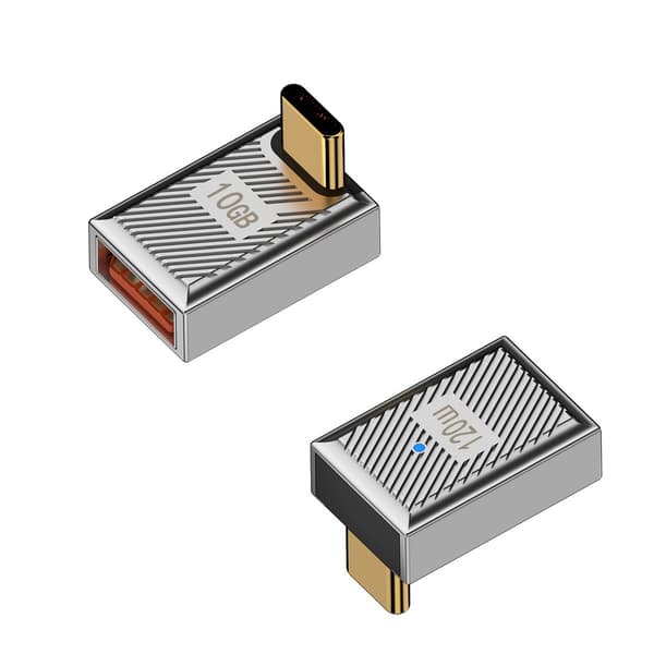 USB A til USB C-adapter, rett vinkel, 120W med indikatorlys, aluminiumslegering, kompatibel med Huawei