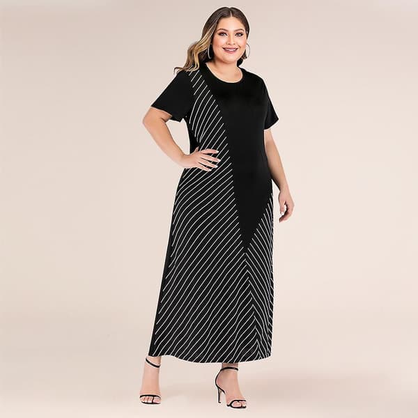 Kvinnor Vår Sommar Plus Size Patchwork Randig Lös Mage Täckande Lång Klänning Xl-4xl Black 3XL