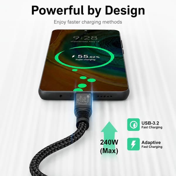 USB C-kabel 240W, USB 3.2 20Gbps, flettet nylon, 1m, grå sort
