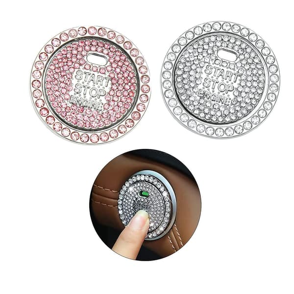 Bling Krystalring til bil, One Key Engine Start Stop Dekoration Knap Pink