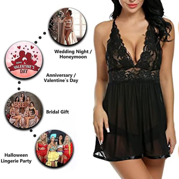 Sexiga V-ringade spets pyjamas BLACK L