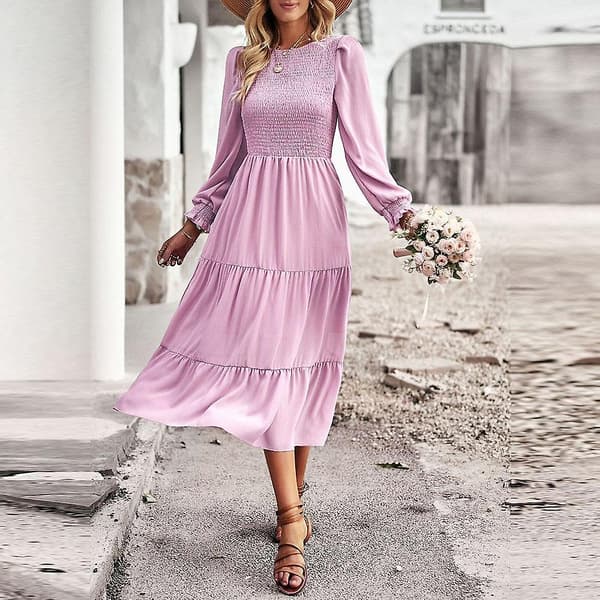 Temperament Elegant Enfärgad Vår Sommar Dam O-ringning Långärmad Chic Klänning Pink S