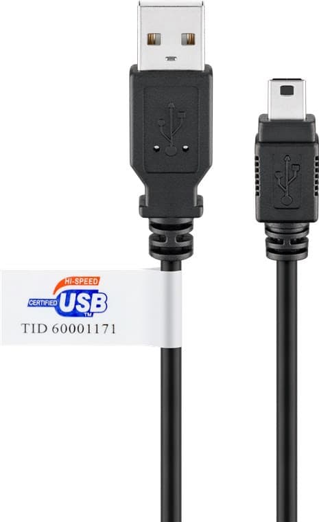 USB-A til Mini-B-kabel, 3m, svart, USB 2.0, høyhastighets datasynkronisering og lading