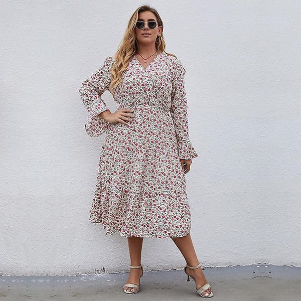 Höst Vinter Plus Size V-ringad Tryckt Utsvängd Ärm Hög Midja All Match A Linje Klänning Vit L-4xl White XL