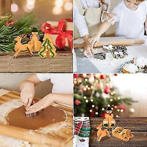 8 stk. julebageforme sæt: 3D rustfrit stål træ, snemand, slæde, elg