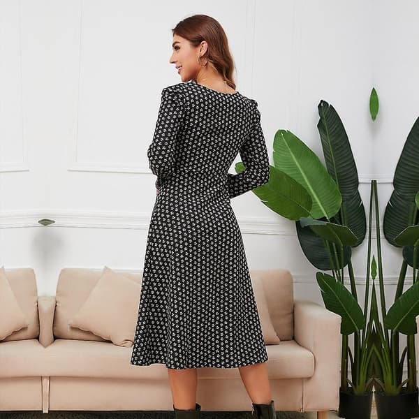 Dame Efterår Vinter V-hals Langærmet Talje Snøre Blomstret Lang Smart Kjole S-XL A XL