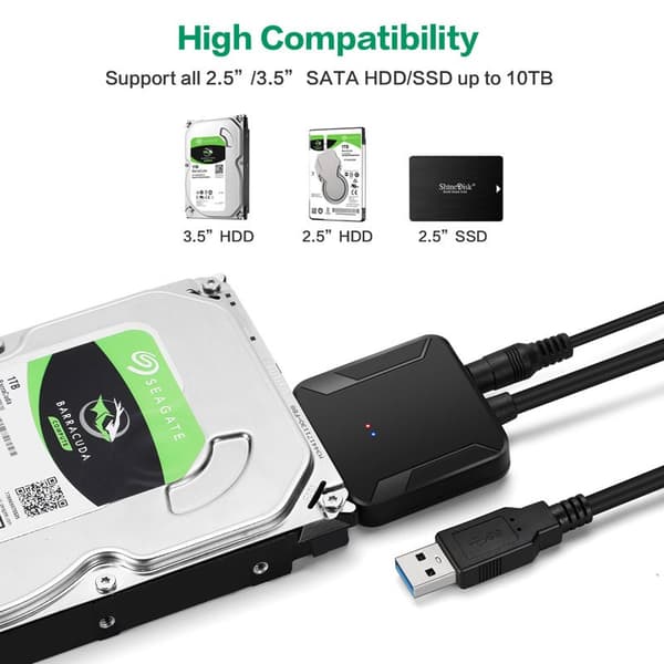 SATA–USB 3.0 -sovitinkaapeli 2,5/3,5 tuuman SSD- ja HDD-asemille, ulkoinen kiintolevysovitin