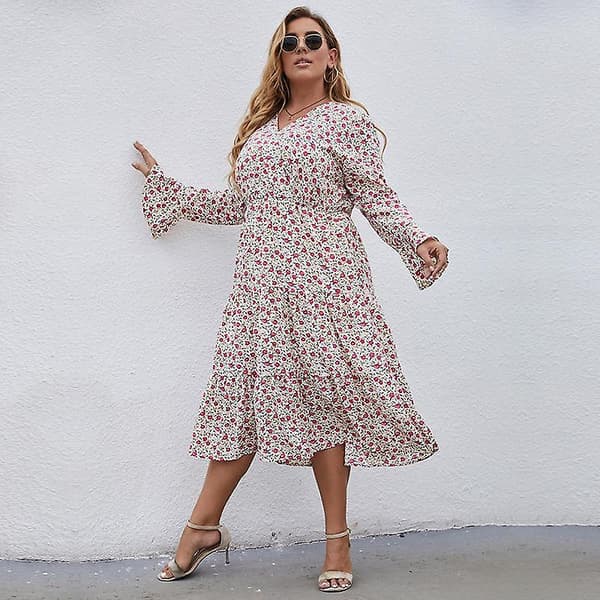 Höst Vinter Plus Size V-ringad Tryckt Utsvängd Ärm Hög Midja All Match A Linje Klänning Vit L-4xl White 4XL