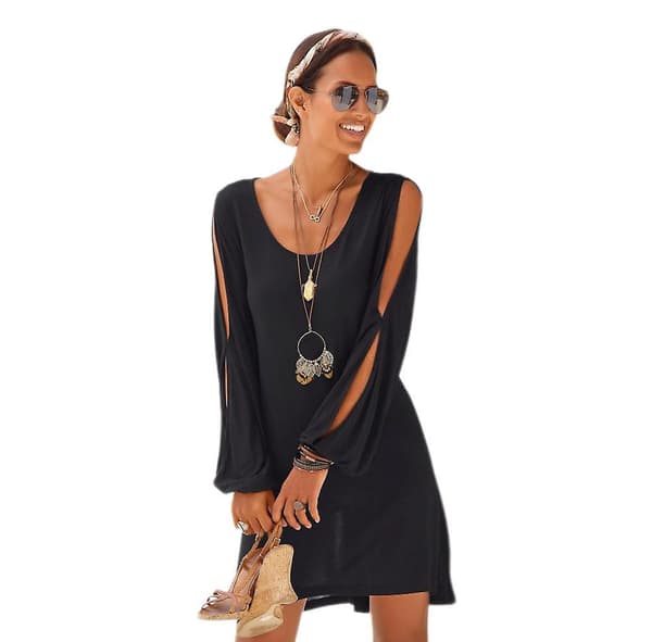 Dammode Casual V-ringad Långärmad Lös A-linje Strandklänning BLACK S