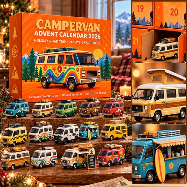 Julkalender med 24 minibilar, Hippie Camper husbil 3D-blindbox, PVC, 28x22x3,5 cm