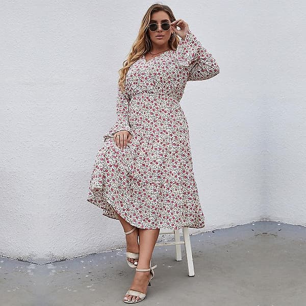 Höst Vinter Plus Size V-ringad Tryckt Utsvängd Ärm Hög Midja All Match A Linje Klänning Vit L-4xl White XL