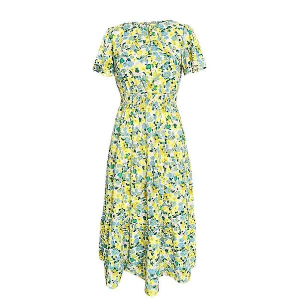 Blommig Dam Sommar Elegant Hög Midja Omlott Kort Ärm Tryckt Lång Klänning Black S