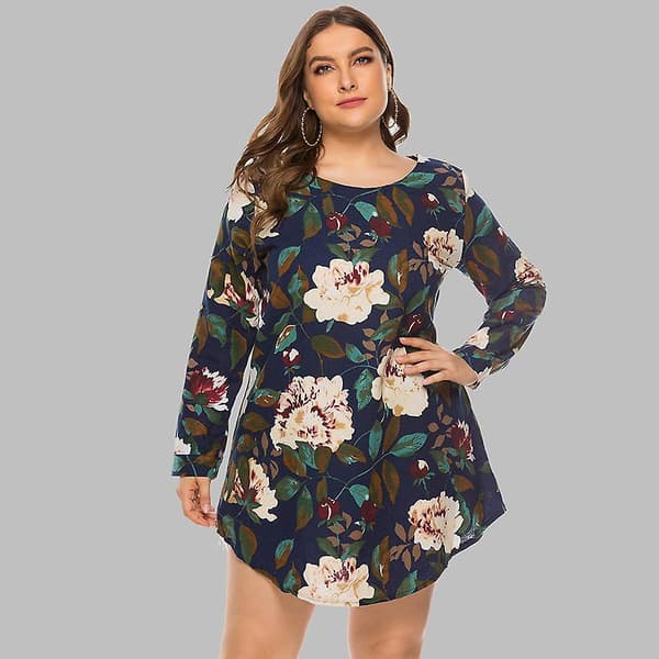 Plus Size Dam Vår Höst O-ringad Tryckt Lös Långärmad Skjortklänning L-5xl Gray 4XL