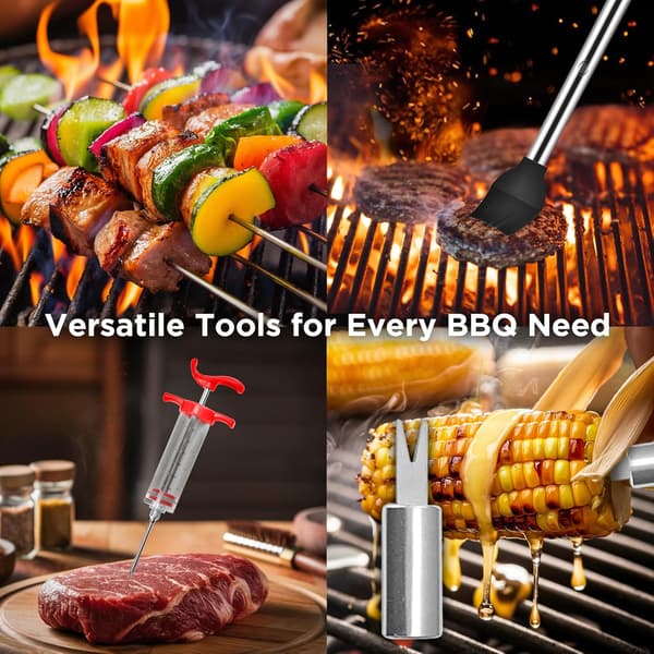 40 deler grilltilbehør, for utendørsgrill med mattermometer, etui og forkle
