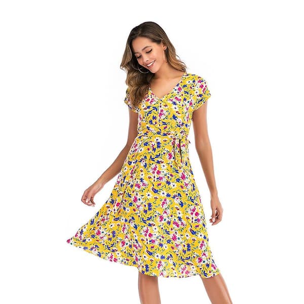 Sommarklänning för damer, liten blommig V-ringning, kortärmad snörning, stor swing strandklänning S-xl Blue M