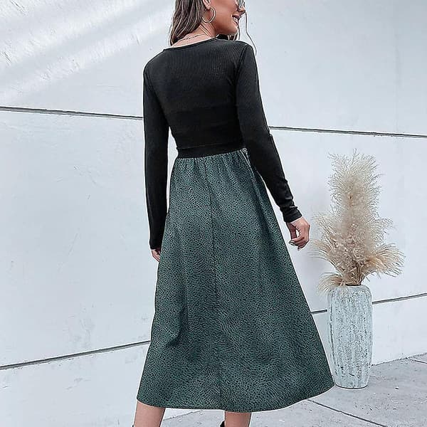 Dam V-ringad Långärmad Semester Splice Hög Midja A-linje Tryck Klänning Dark green S