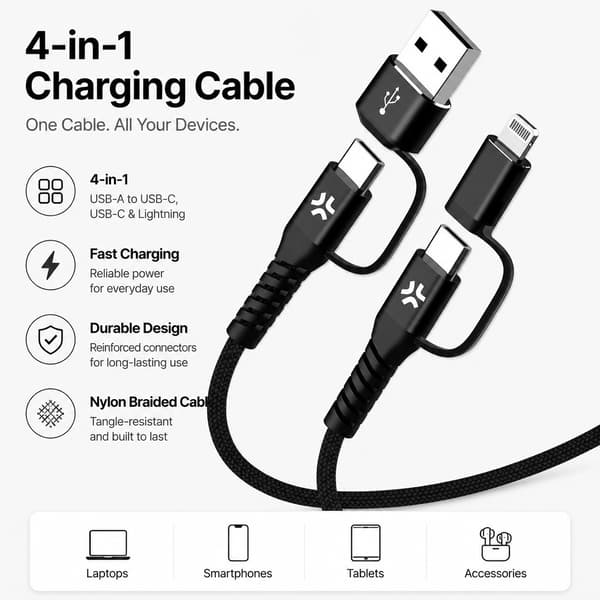 4-i-1 USB-C/USB-A till USB-C/Lightning-kabel, 60W PD, 2m, flätad nylon, svart