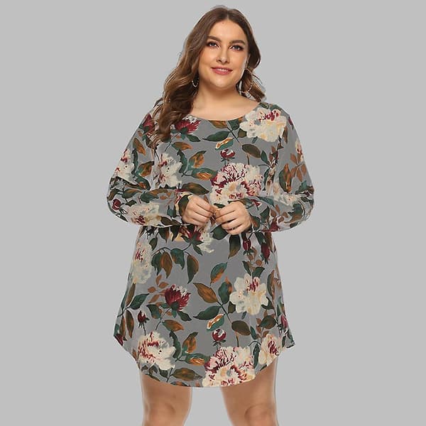 Plus Size Dam Vår Höst O-ringad Tryckt Lös Långärmad Skjortklänning L-5xl Beige L
