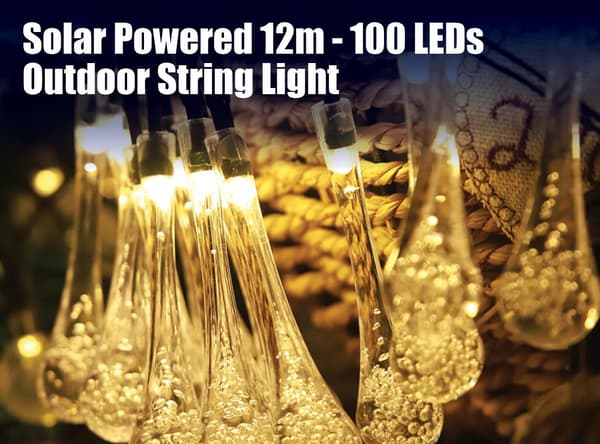 100 LED Solarlys Utendørs 12M Hagelys Solar Lyslenke Vanndråpe 8 Moduser Dekorasjon Hvit Vanntett