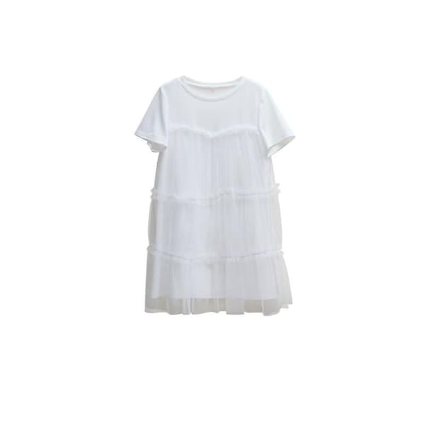 Mesh Panel Kvinner Sommer Elegant Rund Hals Kortermet Ensfarget Løse Kjoler Black L