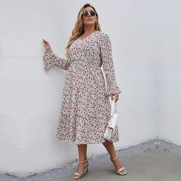 Höst Vinter Plus Size V-ringad Tryckt Utsvängd Ärm Hög Midja All Match A Linje Klänning Vit L-4xl White 3XL