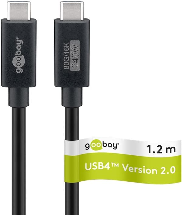 Certificeret USB-C-kabel, USB4 2.0, 1,2 m, sort, 240W, 120 Gbps, 16K, HDR