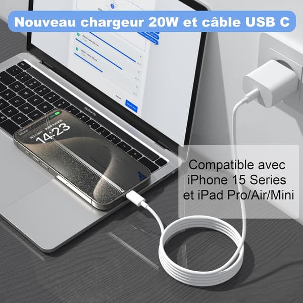 20W USB-C Oplader Kompatibel med iPhone 17/16/15 & Samsung, 2m Kabel, Hvid