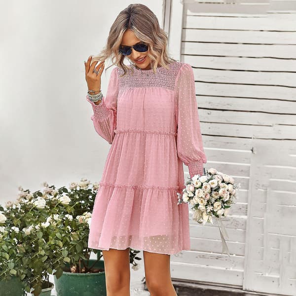 Jacquard Dame Forår Sommer Temperament Rund Hals Langærmet Korte Kjoler Black S