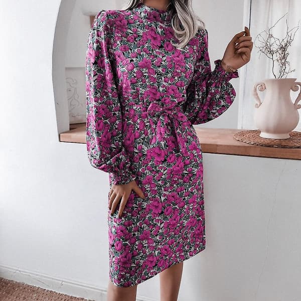 Efterår Vinter Dame Blomster Standkrave Lanterne Langærmet Chiffon Printet Kjole Red M