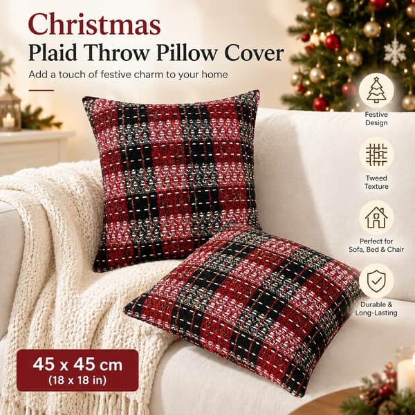 Jule-pudebetræk med tern, rød og sort, 45x45 cm, retro tweed-pudebetræk til sofa 45x45cm Red Black Plaid, 1 Pack