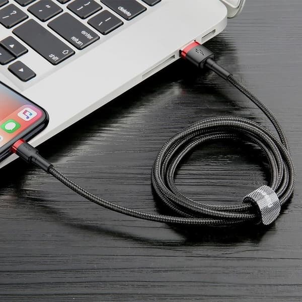 USB til Lightning-kabel, 2.4A hurtiglading, 1m, nylonflettet, rød og svart