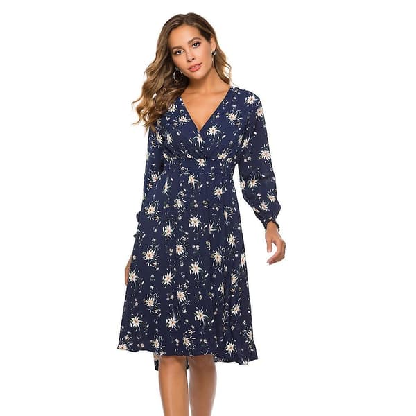 Sommar Dam V-ringning Långärmad Hög Midja Casual Tryckt Chic Lång Klänning S-xxl Dark blue S