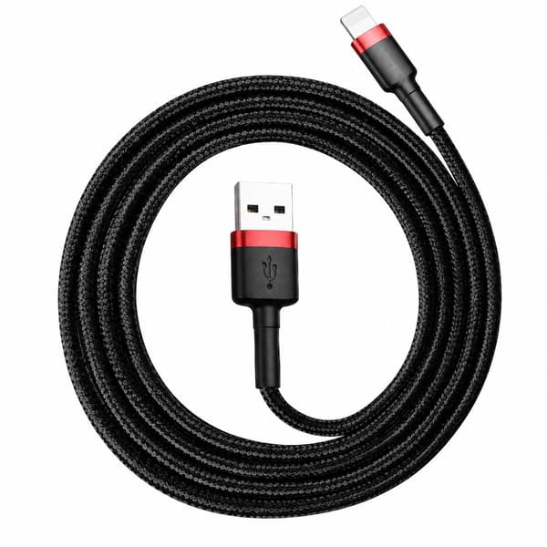 USB til Lightning-kabel, 2.4A hurtiglading, 1m, nylonflettet, rød og svart