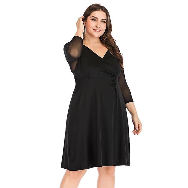 Höst V-ringad Plus Size Enfärgad Mesh Panel Långärmad Hög Midja Elegant Klänning Xl-5xl Black XXL