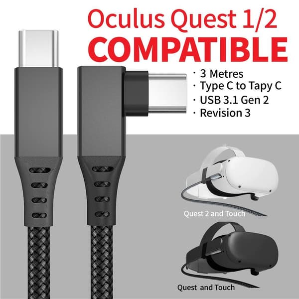 USB-C Link-kabel for Oculus Quest 2, 3m, L-formet, 10 Gbps datasynkronisering, 60W hurtiglading, svart