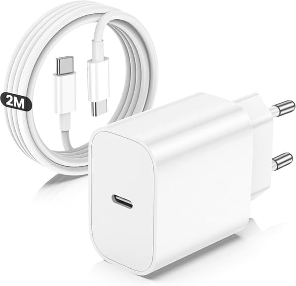20W USB-C Oplader Kompatibel med iPhone 17/16/15 & Samsung, 2m Kabel, Hvid