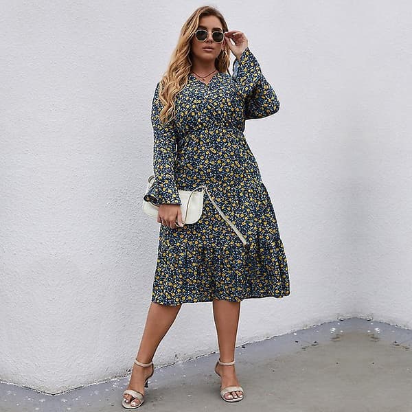 Höst V-ringning Långärmad Hög Midja All Match Blomstermönstrad Plus Size Chic Lång Klänning L-4xl Blue L