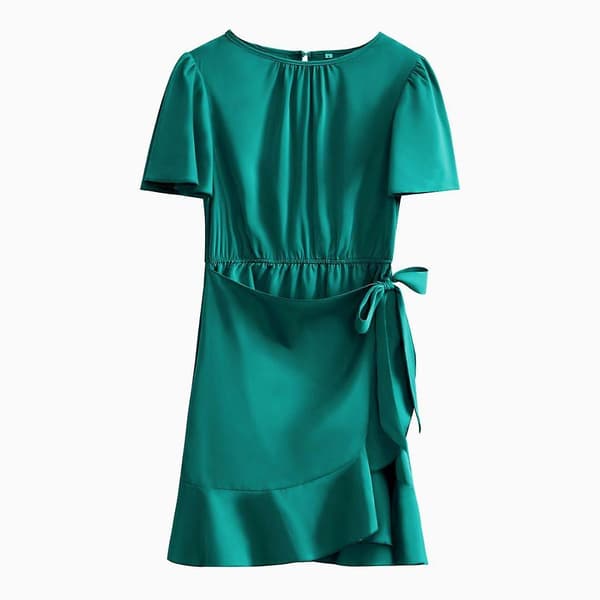 Ruffle Dame Sommer Elegant Rund Hals Ensfarget Snøring Korte Kjoler Blue M