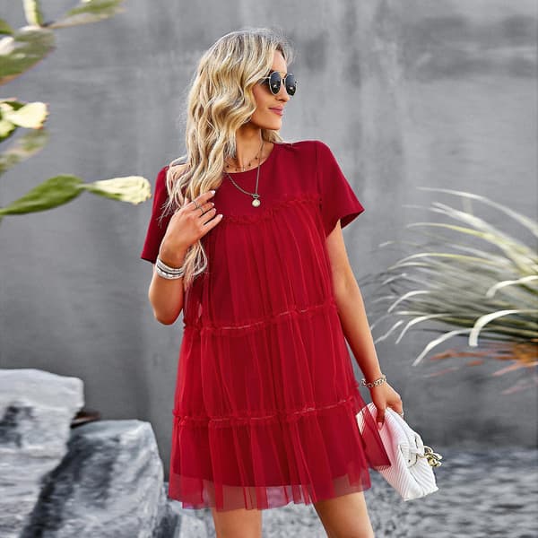 Mesh Panel Dam Sommar Elegant Rund Hals Kort Ärm Enfärgad Lös Klänning White S