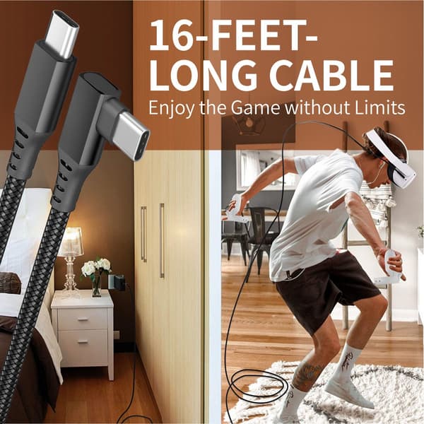 USB-C VR Link Kabel 5m/16FT til PC Streaming, USB 3.1, Vinklet Stik, Nylonflettet, Kompatibel med Oculus Quest 2, Sort