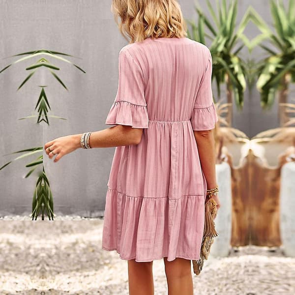 Kvinner ensfarget løs kort vår sommer elegant snøring A-svingkjoler Pink S