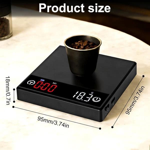 Kaffevåg med timer, uppladdningsbar köksvåg med automatisk timer och flödesfunktion, precisionsvåg