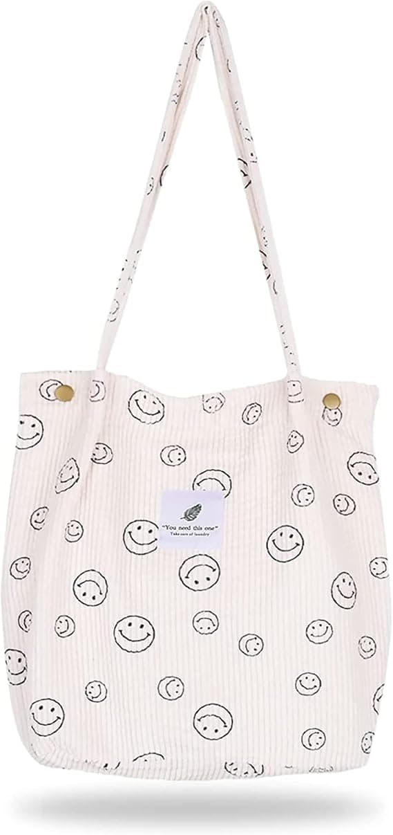 3 delar Smiley Face tygväskor, manchesterhandväskor med fickfack Vintage strandväskor för kvinnor tonåringar flickor (beige)