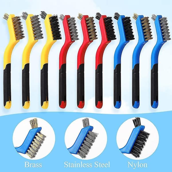 9 stk. stålbørstesett i nylon, messing, rustfritt stål med bust