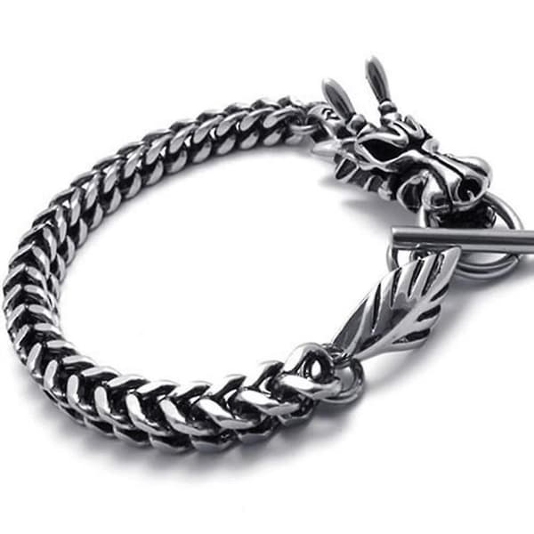 Herresmykke Armbånd Rustfrit Stål Drage Biker Sort Sølv