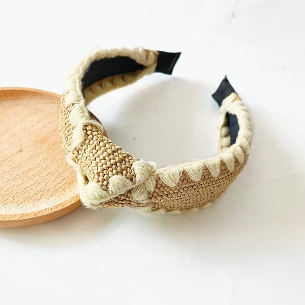 Hodebånd med stråknute, mote, rotting, bredt hodebånd, boho-hodebånd, vevd hodeplagg, hårbånd, knutehodebånd