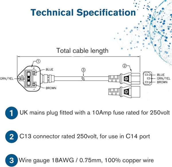 1,5 meter britisk strømkabel (IEC320C13 til BS 1363) Kettle Lead/strømledning, svart