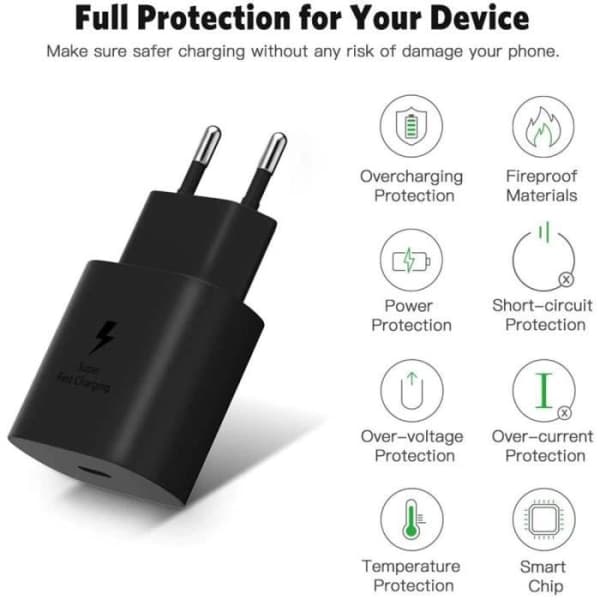 25W USB-C hurtigoplader + 1M USB-C til USB-C kabel sort til Samsung Galaxy S10 S10+ S10e S9 S9+